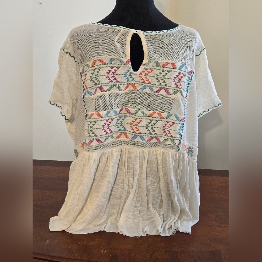 ✨FREE PEOPLE✨ Shenandoah Geometric Print Short Sleeve Babydoll Ivory Top Size XS - Picture 5 of 9